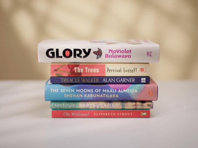 image from 2022 Booker Prize Shortlist & Winner: 1) The Seven Moons of Maali Almeida by Shehan Karunatilaka🏆 2) Glory by NoViolet Bulawayo 3) The Trees by Percival Everett 4) Treacle Walker by Alan Garner 5) Small Things Like These by Claire Keegan 6) Oh William! by Elizabeth Strout  @TheBookerPrize