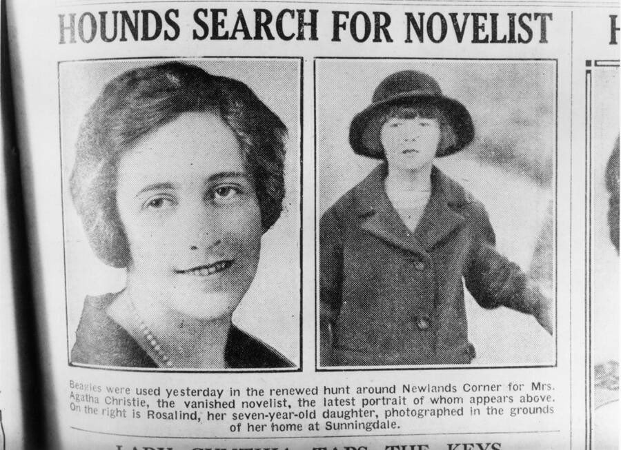 image from After her first husband asked for a divorce, the mystery writer Agatha Christie disappeared for 10 days. The disappearance was on the front page of newspaper and prompted an extensive manhunt. She was finally discovered unharmed at a hotel.