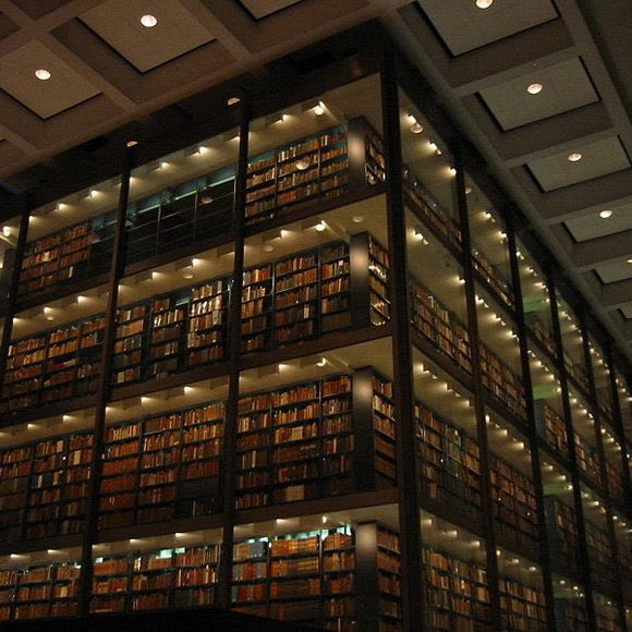 image from The Beinecke Rare Book & Manuscript Library is part of Yale University Library in New Haven, Connecticut. The rare books& manuscripts are housed in a spectacular, elevated, glassed-in, 6-story tower of book stacks. Built in 1962, it’s one of the largest of this kind in the world.