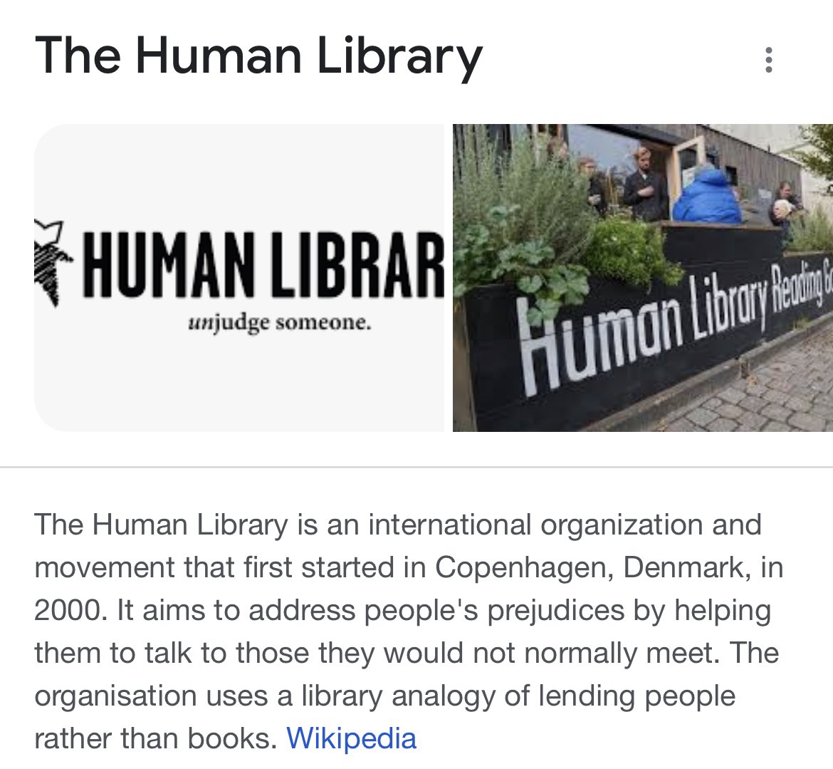 image from In a Human Library, you can check-out humans as a living book and listen to their stories.