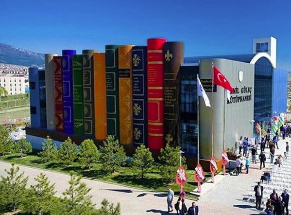image from Karabuk University Library in Turkey is designed to resemble a row of large books on a shelf. Inspired by Kansas City Public Library in the US, the library is one of the main tourist attractions in Karabuk province. The library serves almost 190 university libraries in Turkey.