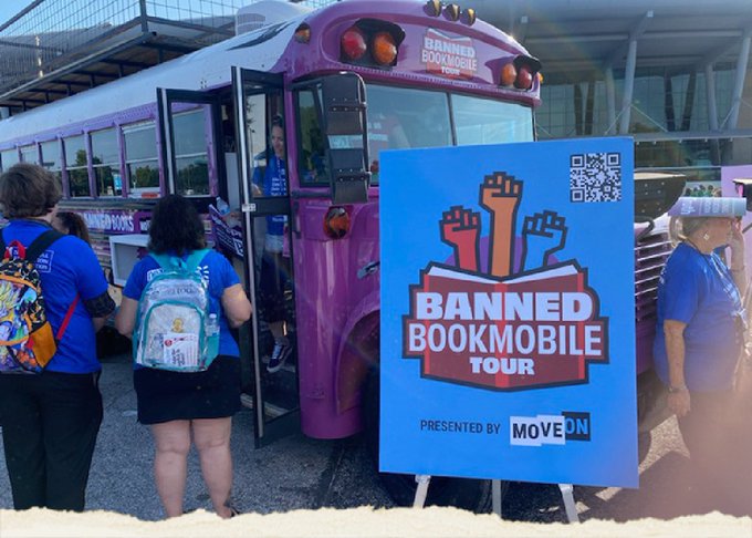 image from The progressive advocacy group MoveOn is launching a Banned Bookmobile, a school bus filled with frequently challenged titles, such as The Bluest Eye by Toni Morrison and Looking for Alaska by John Green, to support those who are fighting efforts to limit what Americans can read.